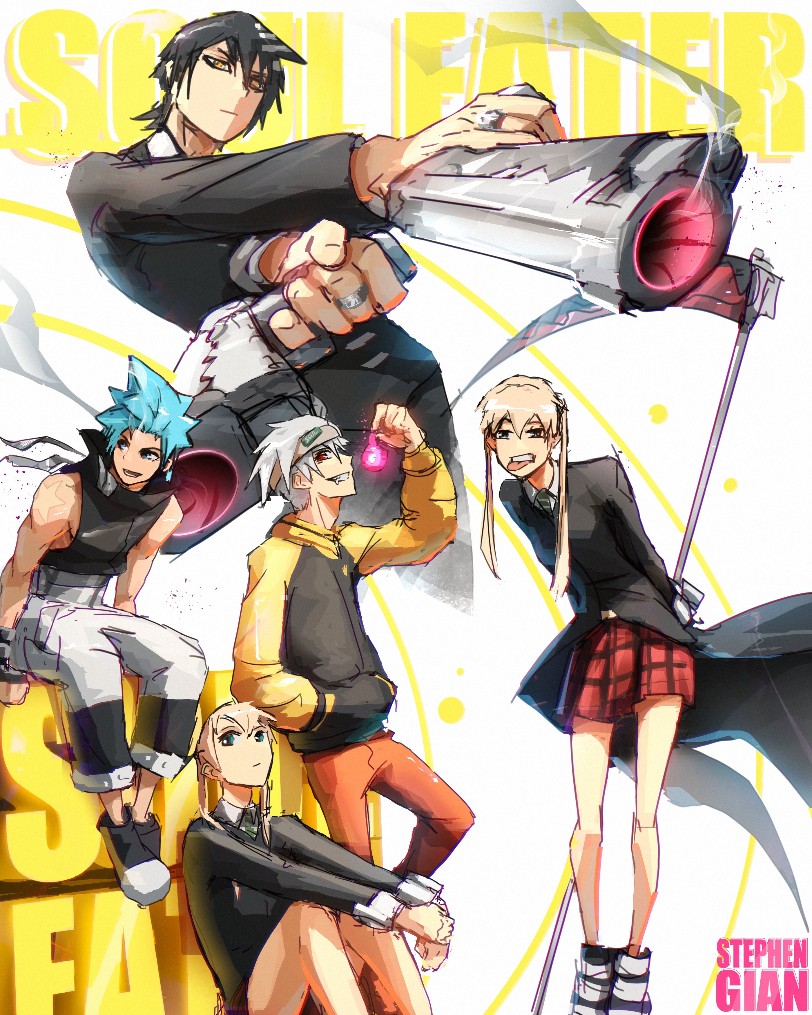 stephengiannart, black star, death the kid, maka albarn, soul evans, soul eater, absurdres, commentary, highres, 1girl, 3boys, black coat, black hair, black suit, blonde hair, blue hair, boots, coat, copyright name, formal clothes, gun, hand in pocket, holding, holding gun, holding scythe, holding weapon, jewelry, multiple boys, multiple views, red eyes, red skirt, ring, scythe, short hair, sitting, skirt, smile, suit, twintails, watermark, weapon, yellow eyes