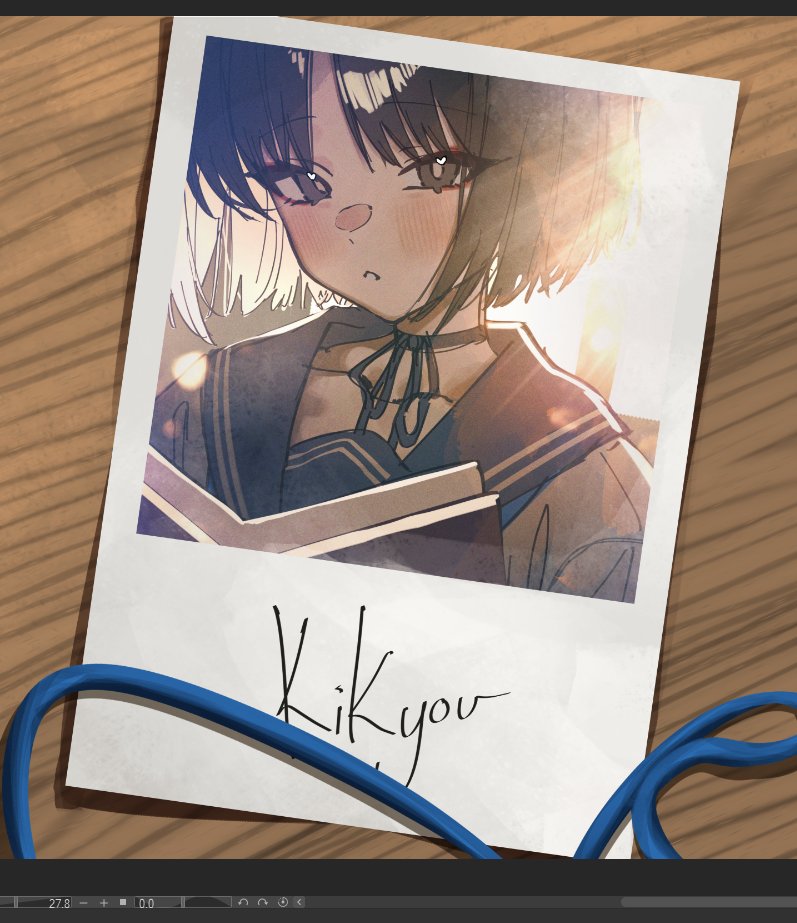 betabeet, kikyou (blue archive), blue archive, 1girl, art program in frame, black eyes, black hair, blush, character name, closed mouth, looking at viewer, polaroid photo, short hair, solo