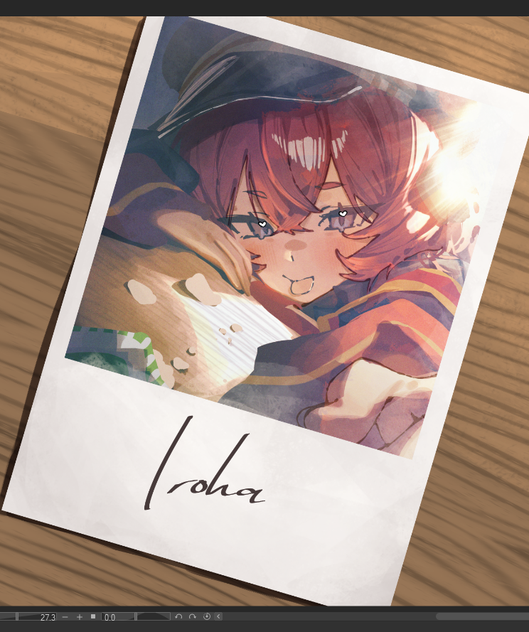 betabeet, iroha (blue archive), blue archive, 1girl, art program in frame, black hat, character name, hat, long hair, long sleeves, looking at viewer, pink hair, polaroid photo, purple eyes, solo