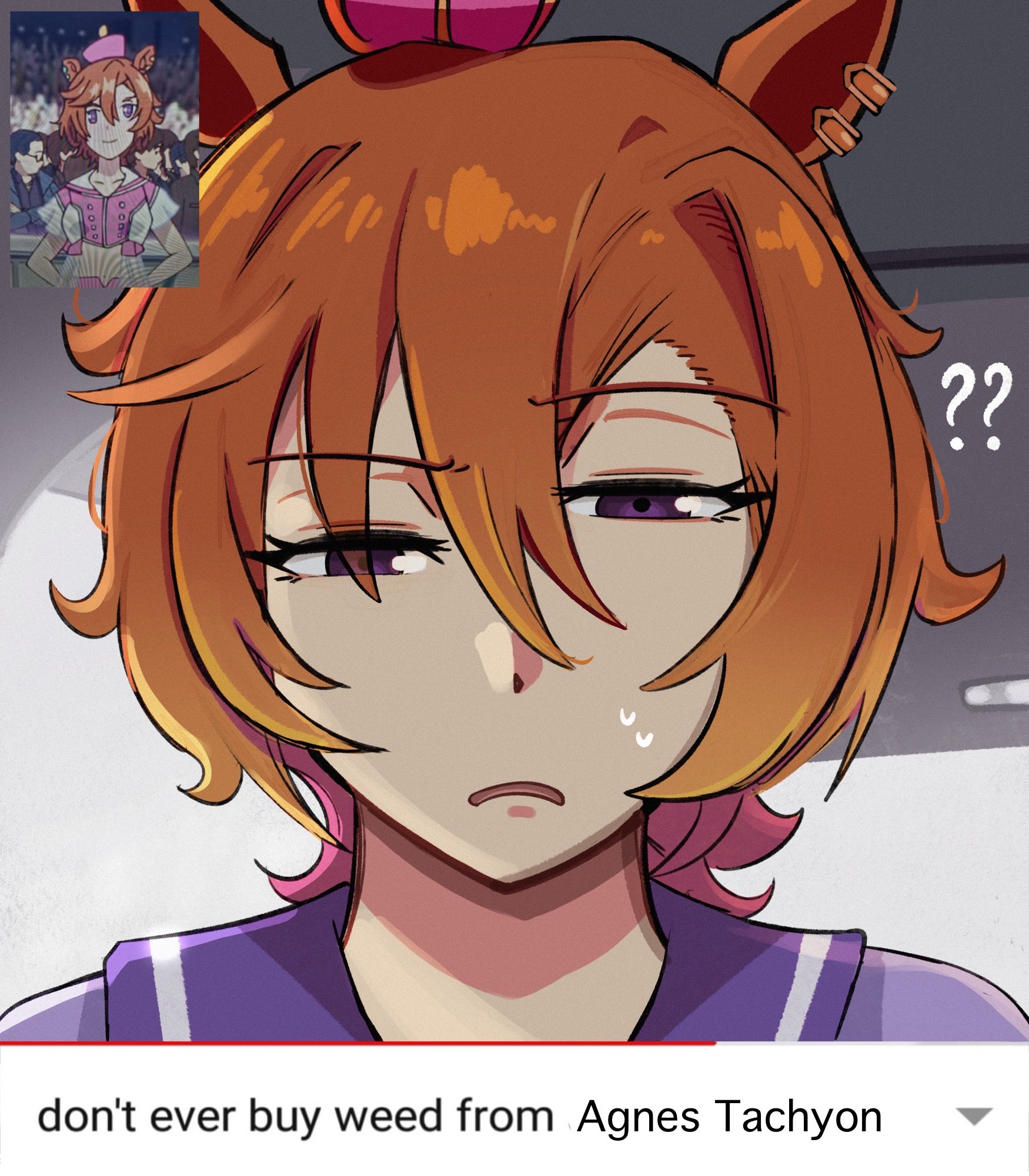 johnholl0w, t.m. opera o (umamusume), umamusume, youtube, commentary, english commentary, highres, 1girl, ?, ??, animal ears, anime screenshot inset, crown, horse ears, horse girl, looking at viewer, meme, mini crown, open mouth, orange hair, purple eyes, school uniform, short hair, sweatdrop, tracen school uniform, uneven eyes