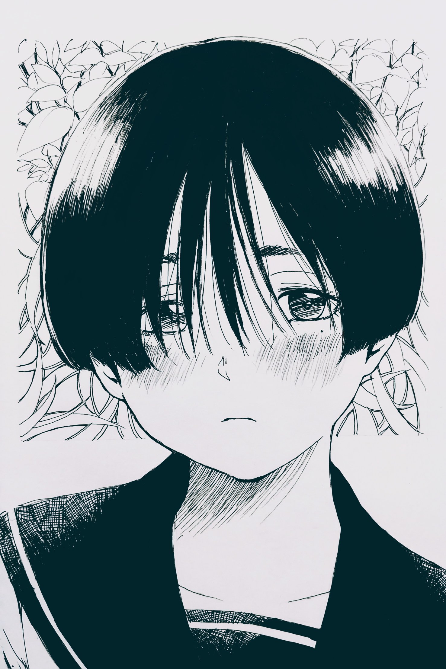 misaki toji, original, highres, 1girl, black hair, blush, bowl cut, floral background, hair over eyes, lineart, looking at viewer, monochrome, sailor collar, school uniform