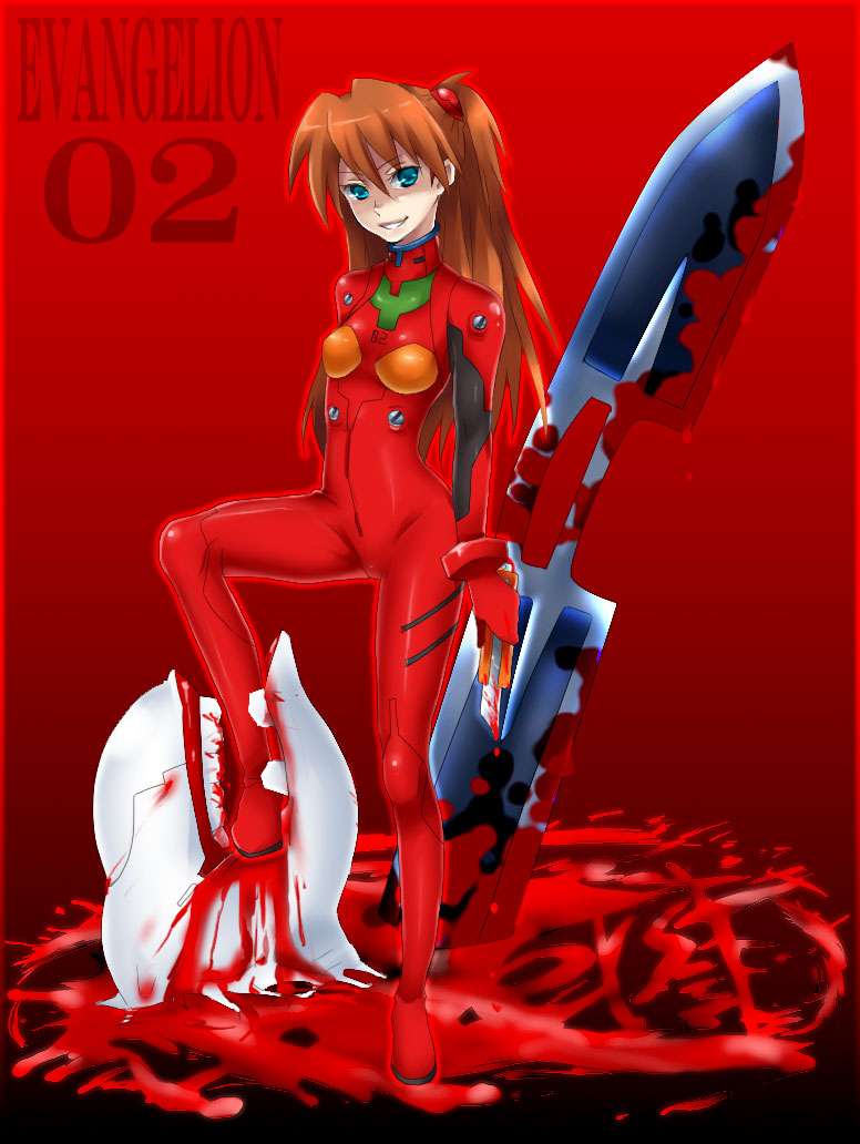 mass production eva, souryuu asuka langley, neon genesis evangelion, blood, blue eyes, boxcutter, decapitation, double blade, knife, long hair, mecha pilot suit, plugsuit (evangelion), red hair, severed head, smile, sword, weapon