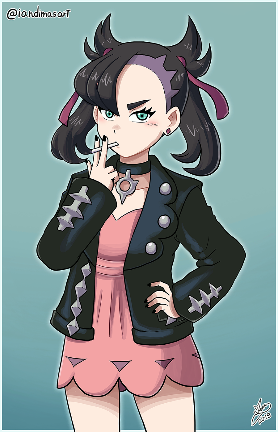 ian dimas, marnie (pokemon), nintendo, pokemon, pokemon swsh, highres, 1girl, asymmetrical bangs, between fingers, black choker, black dress, black hair, black nails, choker, cowboy shot, dress, earrings, green eyes, hair ribbon, hand on own hip, holding, jewelry, lollipop in mouth, misleading thumbnail, pink dress, ribbon, signature, solo, stud earrings, thighs, twintails, undercut, v-shaped eyebrows