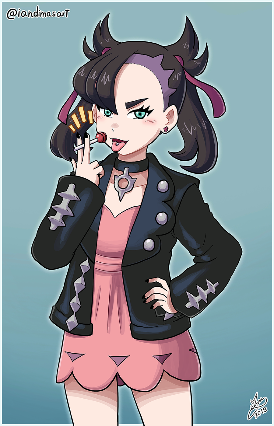 ian dimas, marnie (pokemon), nintendo, pokemon, pokemon swsh, highres, 1girl, asymmetrical bangs, between fingers, black choker, black dress, black hair, black nails, candy, choker, cowboy shot, dress, earrings, food, green eyes, hair ribbon, hand on own hip, holding, holding candy, holding food, holding lollipop, jewelry, lollipop, open mouth, piercing, pink dress, ribbon, signature, solo, stud earrings, thighs, tongue, tongue out, tongue piercing, twintails, undercut, v-shaped eyebrows