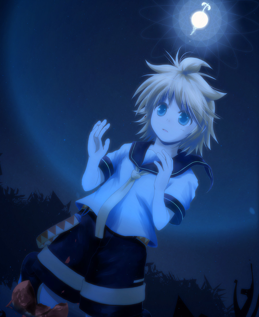 hirobakar, kagamine len, vocaloid, bad id, bad pixiv id, 1boy, dark, male focus, night, sailor collar, solo, star (sky)