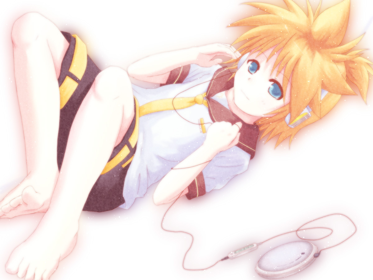hirobakar, kagamine len, vocaloid, bad id, bad pixiv id, 1boy, barefoot, blonde hair, blue eyes, feet, headphones, lying, male focus, on back, sailor collar, solo
