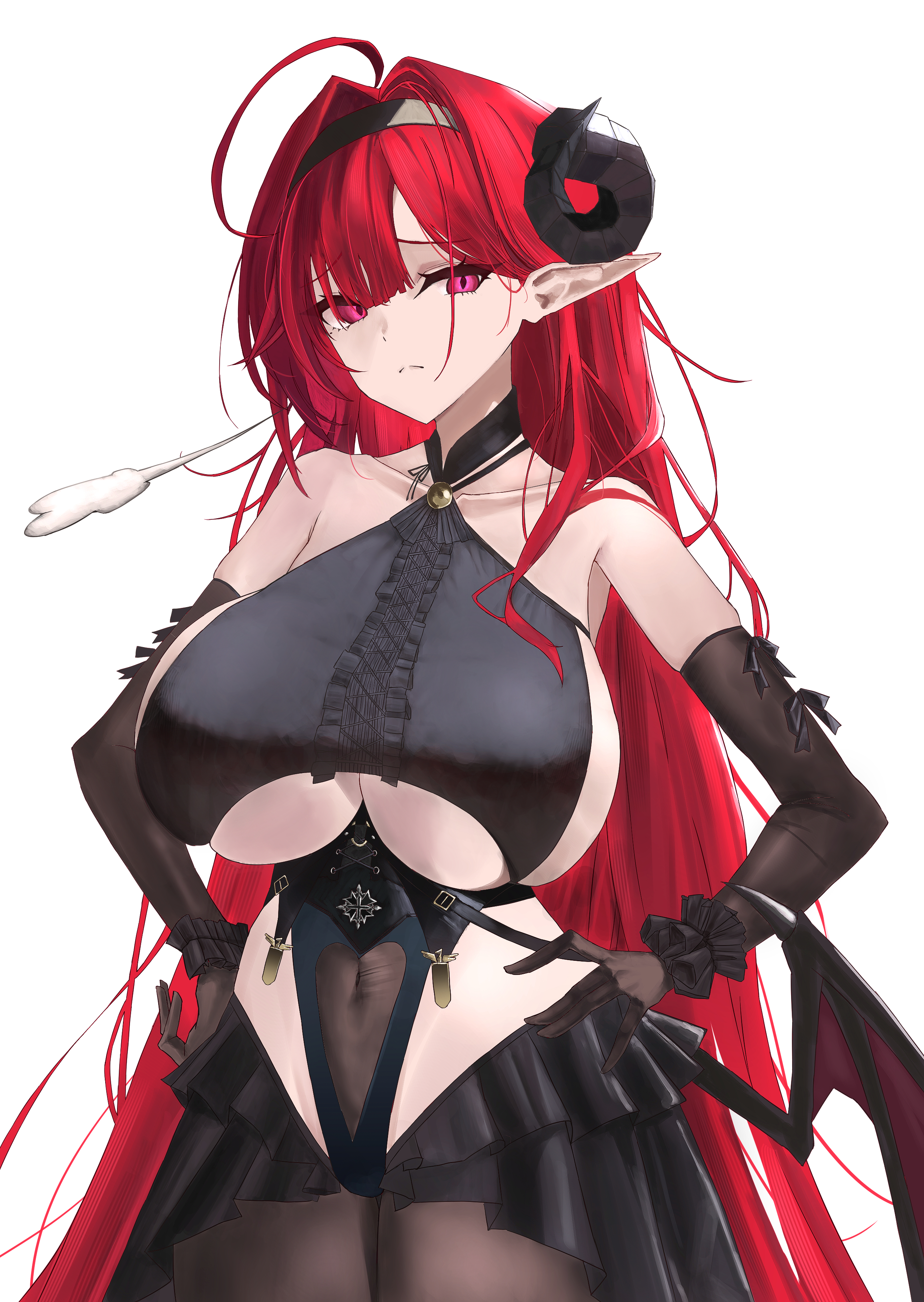 00zanpan00, hindenburg (azur lane), azur lane, absurdres, commentary, highres, 1girl, ahoge, bare shoulders, black hairband, black horns, black leotard, black skirt, brown gloves, brown pantyhose, center frills, clothing cutout, covered navel, cowboy shot, curled horns, demon girl, demon horns, elbow gloves, frills, gloves, hairband, heart cutout, horns, leotard, long hair, looking at viewer, miniskirt, navel, pantyhose, playboy bunny, pointy ears, red eyes, red hair, scrunchie, simple background, skirt, slit pupils, solo, underboob cutout, undersized breast cup, very long hair, white background, wrist scrunchie
