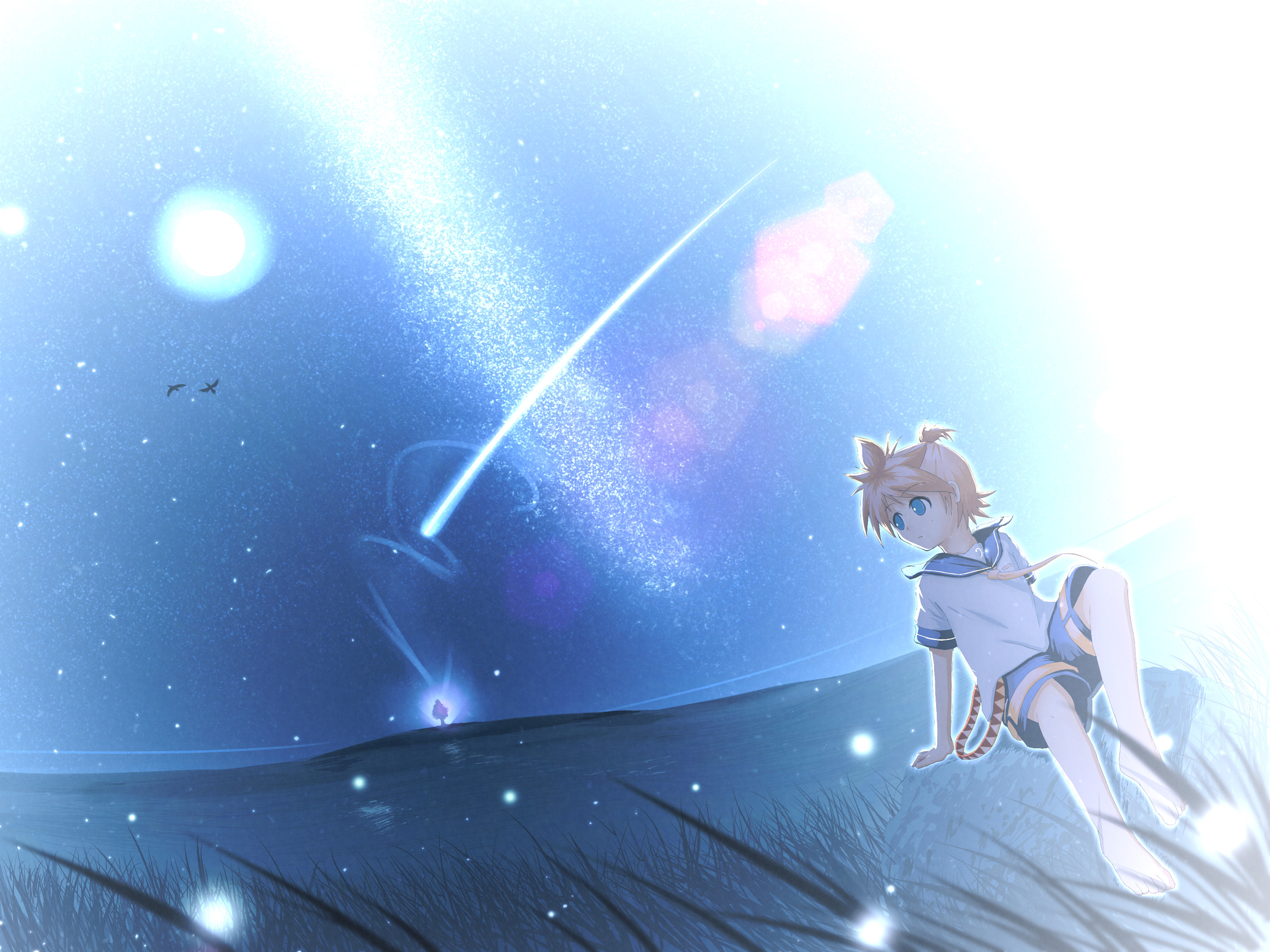 hirobakar, kagamine len, vocaloid, bad id, bad pixiv id, highres, 1boy, barefoot, grass, male focus, night, outdoors, sailor collar, scenery, shooting star, sitting, solo, star (sky)