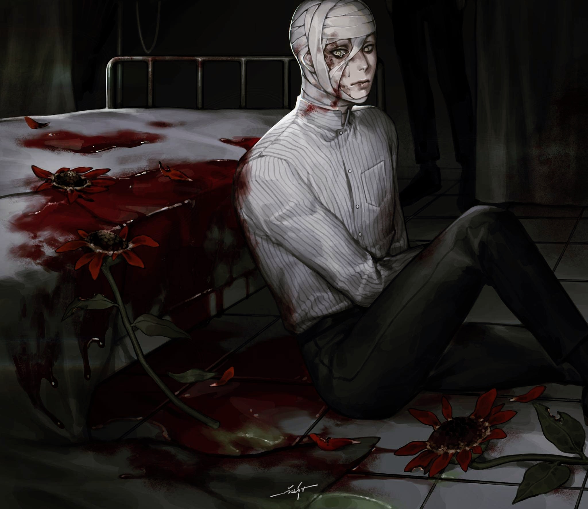 original, highres, 1boy, bandaged head, bandages, bed, black pants, blood, blood on clothes, blood on face, blood stain, crying, crying with eyes open, curtains, expressionless, feet out of frame, flower, hands on lap, hospital bed, knee up, looking at viewer, on ground, pants, shinku syrup, shirt, solo, striped clothes, striped shirt, sunflower, tears, tile floor, tiles, white shirt, yellow eyes