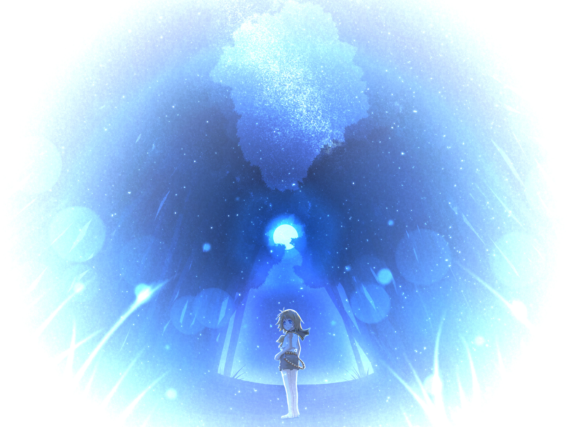hirobakar, kagamine len, kagamine rin, vocaloid, bad id, bad pixiv id, highres, 1boy, forest, looking back, male focus, moon, nature, outdoors, sailor collar, shorts, solo, standing