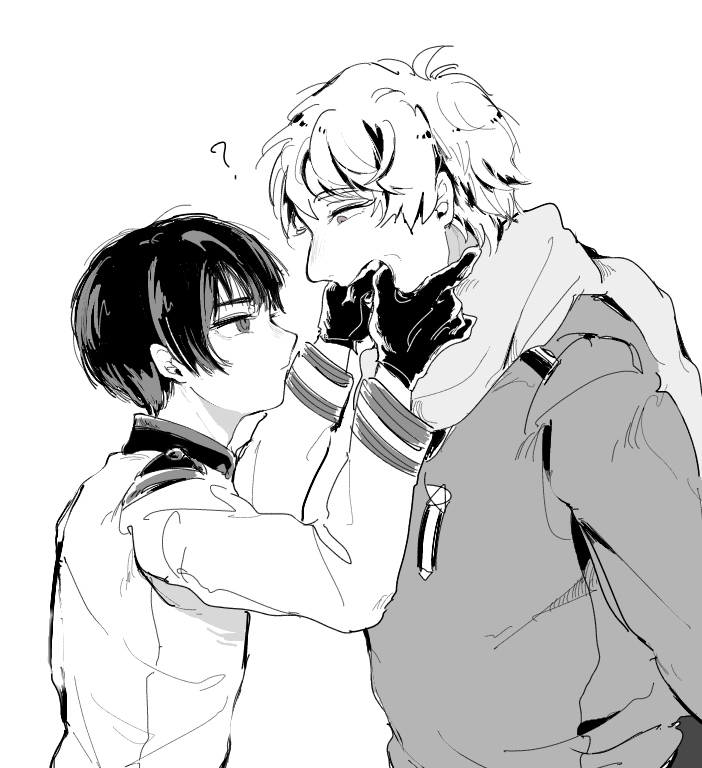 hachiware (user wwva4743), japan (hetalia), russia (hetalia), axis powers hetalia, commentary request, 2boys, ?, closed mouth, coat, empty eyes, fangs, gloves, greyscale, hair between eyes, hands up, jacket, leather, leather gloves, long sleeves, looking at another, male focus, medal, military jacket, military uniform, monochrome, multiple boys, open mouth, scarf, short hair, simple background, star ornament, teeth, upper body