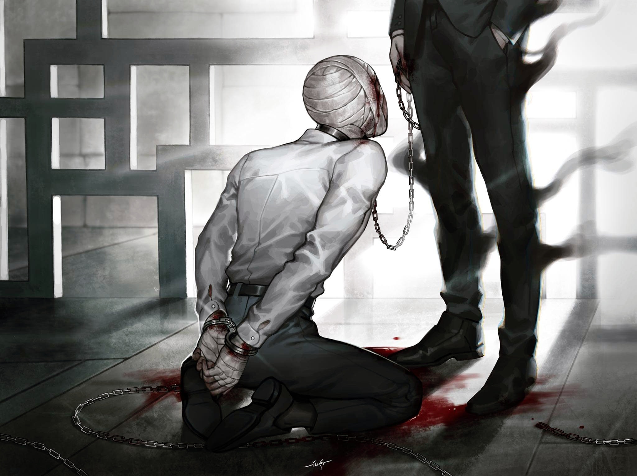 original, highres, 2others, backlighting, bandaged arm, bandaged head, bandages, belt, black coat, black pants, blood, blood on clothes, blood on ground, blood on hands, chain, chain leash, coat, collar, cuffs, fading, full body, hand in pocket, handcuffs, holding, holding chain, leash, looking at another, multiple others, on ground, pants, seiza, shinku syrup, shirt, sitting, white shirt