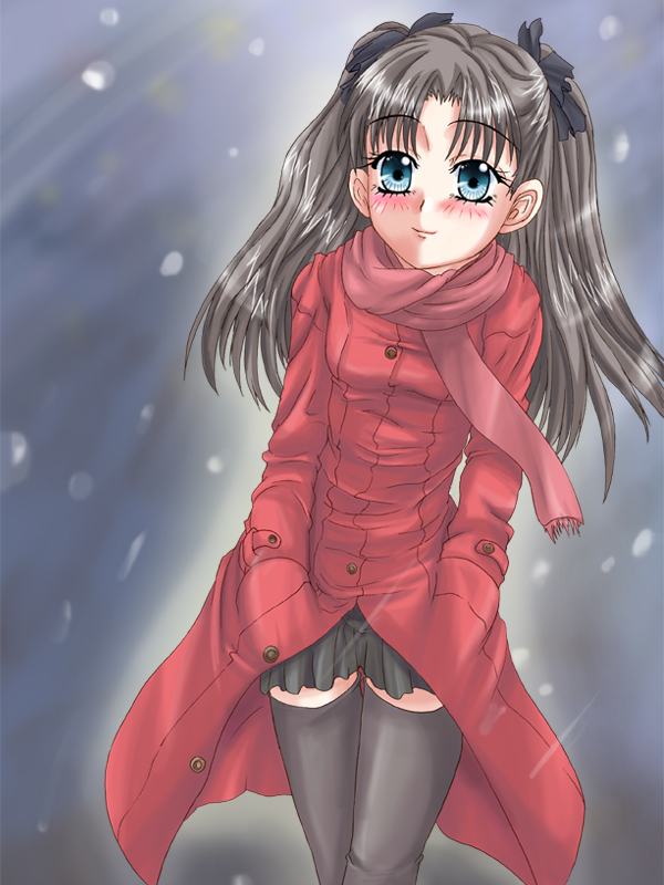 tohsaka rin, fate/stay night, fate (series), artist request, 00s, blue eyes, scarf, twintails