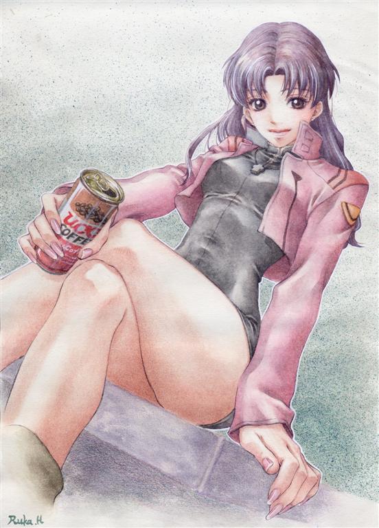katsuragi misato, neon genesis evangelion, ucc coffee, 1girl, alcohol, beer, brown eyes, can, coffee, crossed legs, dress, dutch angle, female focus, jacket, jewelry, long hair, long legs, necklace, purple hair, sitting, solo