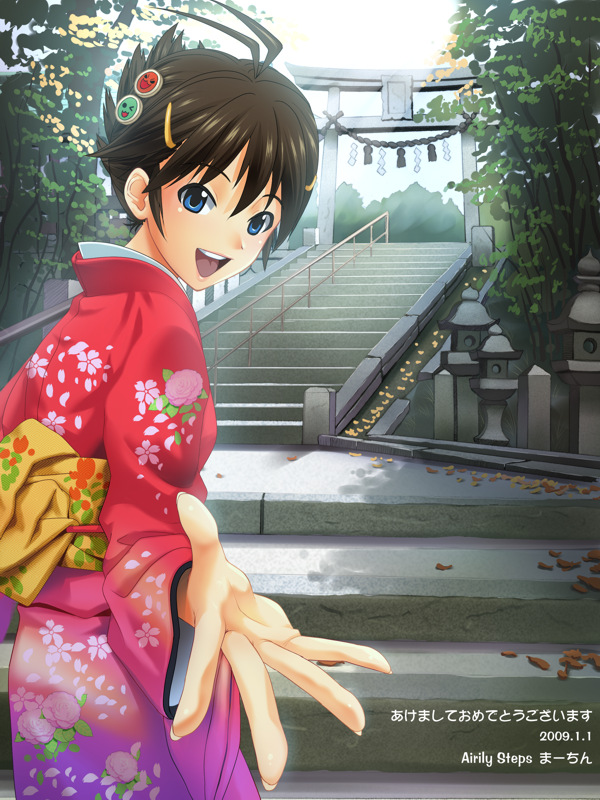maachin, kikuchi makoto, idolmaster, idolmaster (classic), idolmaster 1, taiko no tatsujin, 00s, 1girl, akeome, antenna hair, beckoning, blue eyes, brown hair, female focus, floral print, hair ornament, hairclip, happy new year, japanese clothes, kimono, new year, open mouth, outstretched hand, red kimono, short hair, solo, stairs, stone lantern, torii, yukata