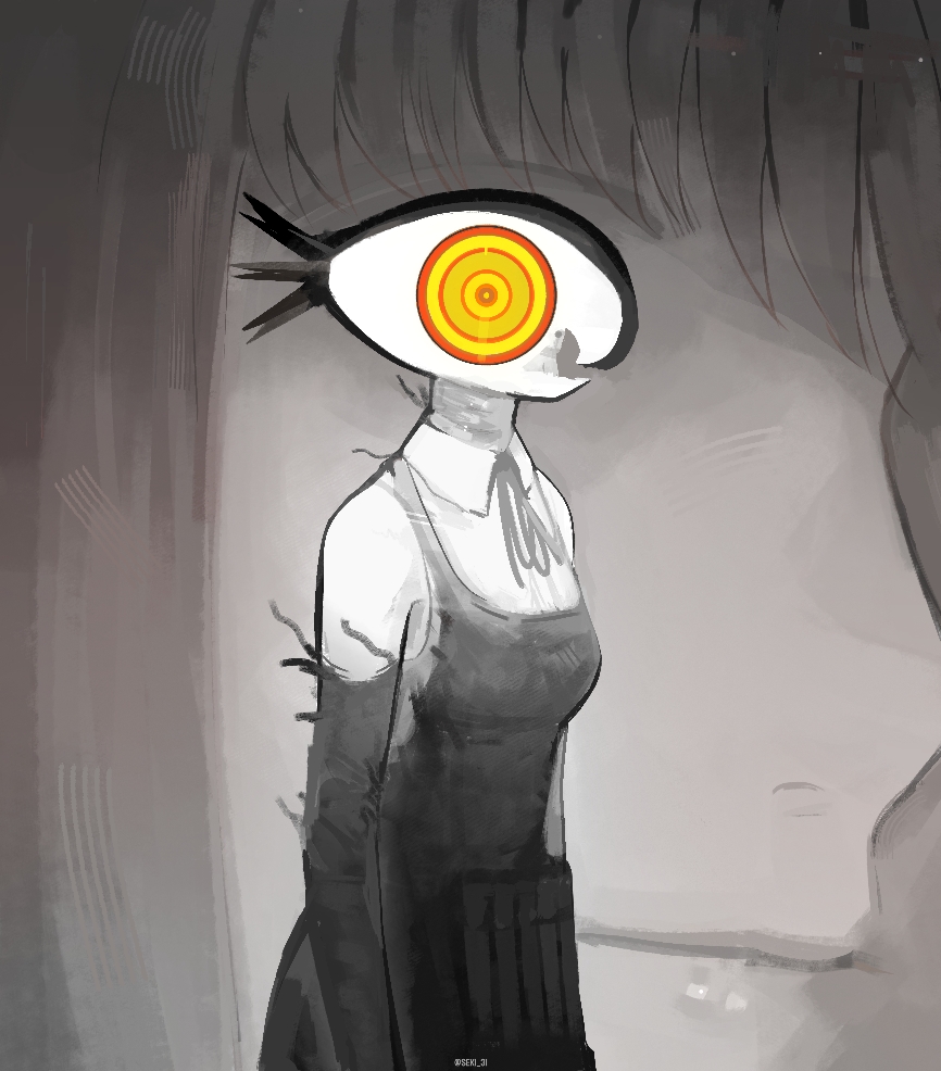 seki 31 (artist), makima (chainsaw man), reze (chainsaw man), chainsaw man, 2girls, apron, closed mouth, collared shirt, dynamite, elbow gloves, explosive, gloves, multiple girls, neck ribbon, ribbon, ringed eyes, shirt, sleeveless, sleeveless shirt, surreal, yellow eyes