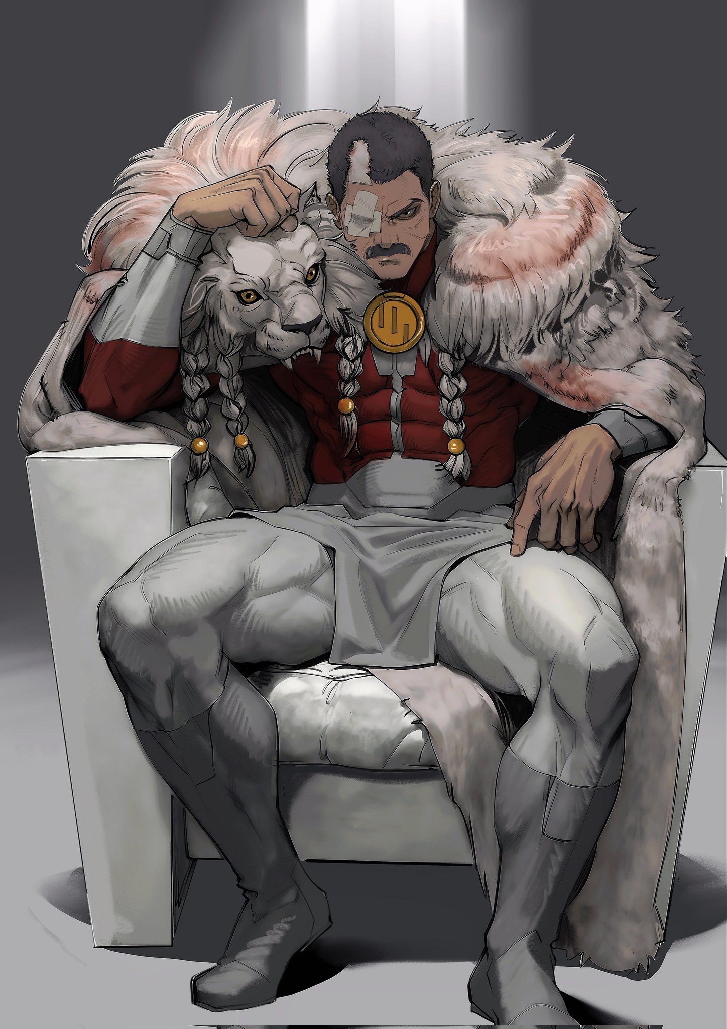 thragg (invincible), image comics, invincible (series), victory, highres, 1boy, after battle, black hair, bodysuit, cape, cleft chin, damaged, facial hair, injury, laoyanzi, lion pelt, male focus, mature male, muscular, muscular male, mustache, pelt, red bodysuit, short hair, solo, thick mustache, two-tone bodysuit, very short hair, viltrumite, white bodysuit