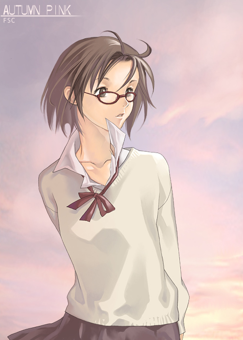 hidematsu (fsc), original, 1girl, brown eyes, brown hair, female focus, glasses, red eyes, short hair, solo, sweater, wind