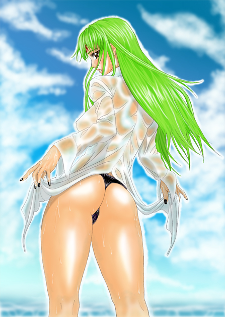 ass, brown eyes, green hair, long hair, thong, wet