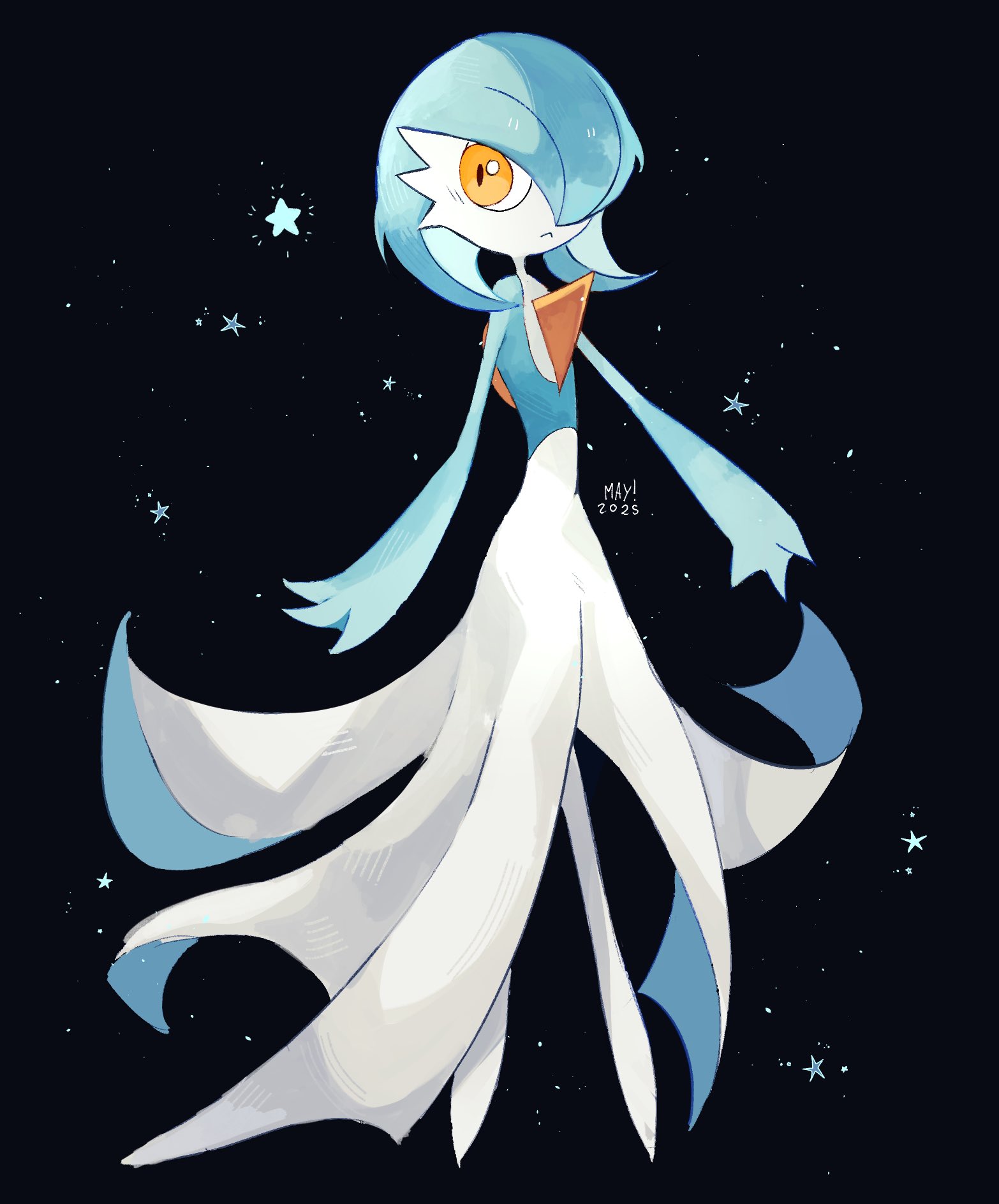 gardevoir, nintendo, pokemon, highres, 1other, alternate color, closed mouth, colored skin, gen 3 pokemon, hair over one eye, looking at viewer, maywf, pokemon (creature), pokemon focus, red eyes, shiny pokemon, simple background, solo, star (symbol), white skin