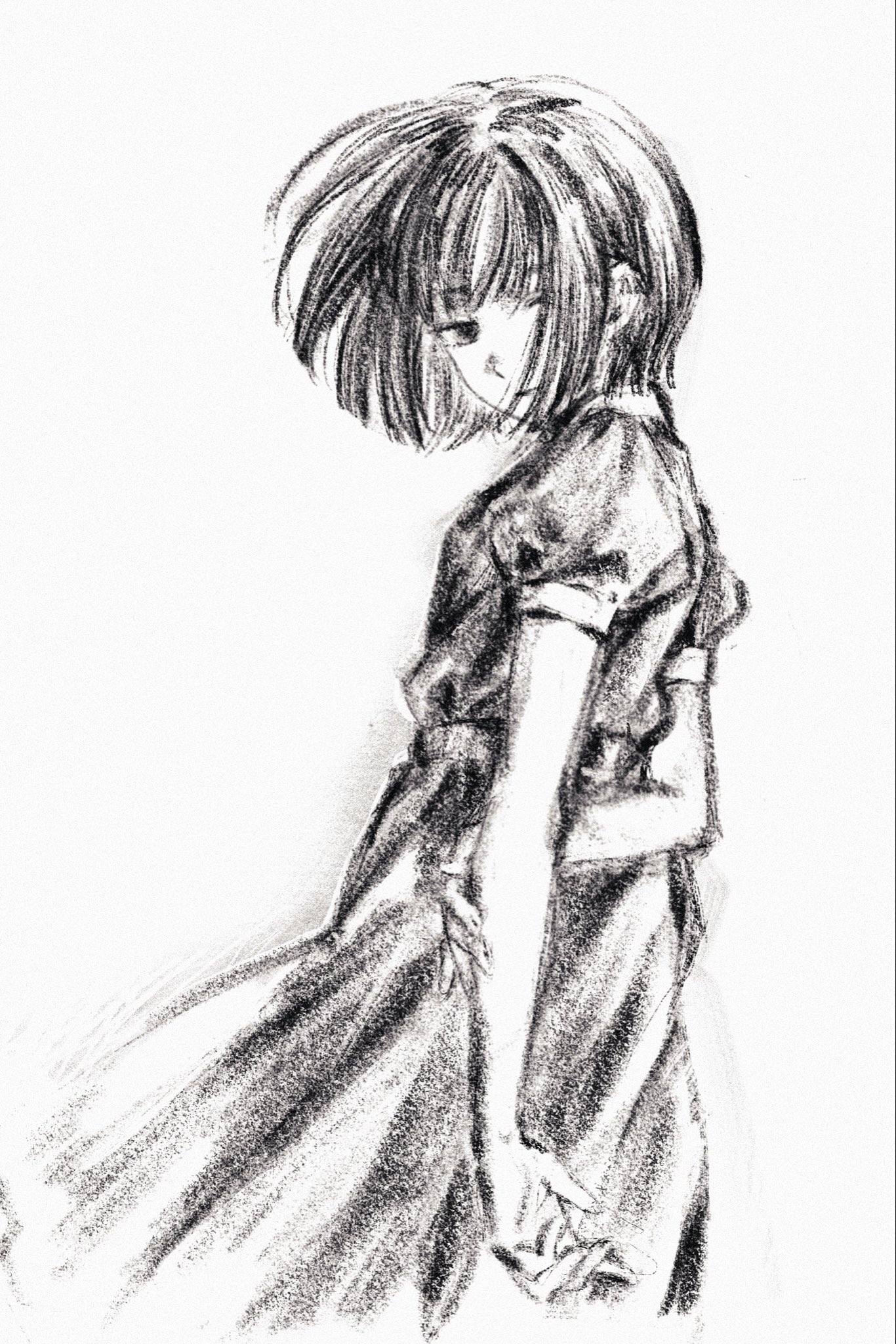 machihazure, original, highres, 1girl, dress, greyscale, monochrome, puffy short sleeves, puffy sleeves, short hair, short sleeves, solo, standing