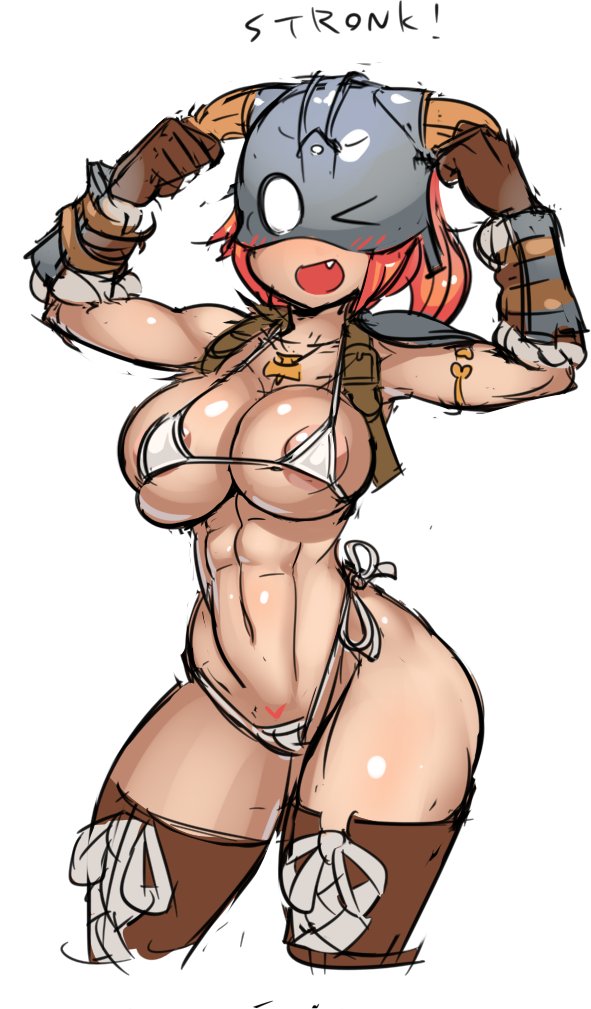 nisetanaka, dovahkiin, dovakini-chan (nisetanaka), the elder scrolls, the elder scrolls v: skyrim, > o, 1girl, :d, abs, bikini, breasts, fake horns, fang, female pubic hair, gauntlets, heart-shaped pubic hair, helmet, horned helmet, horns, jewelry, large breasts, navel, necklace, one eye closed, open mouth, orange hair, ponytail, pubic hair, shaped pubic hair, simple background, single shoulder pad, smile, solo, stomach, string bikini, swimsuit, white background, white bikini