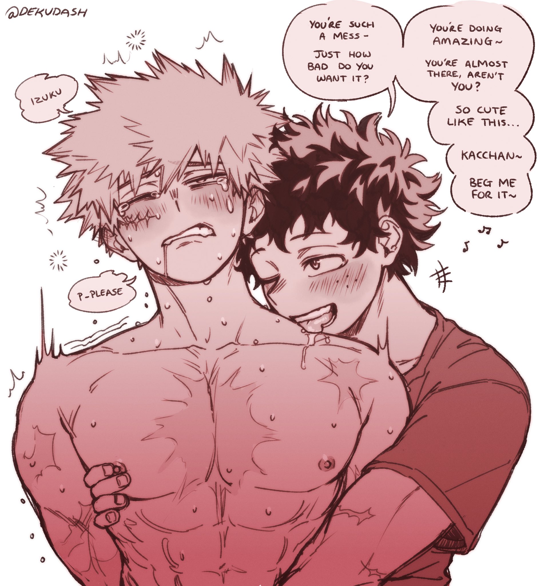 dekudash, bakugou katsuki, midoriya izuku, boku no hero academia, highres, protected link, 2boys, abs, blush, clothed male nude male, collarbone, drooling, english text, fingernails, licking shoulder, male focus, moaning, monochrome, multiple boys, multiple scars, nipples, nude, one eye closed, pectorals, saliva, scar, scar on arm, scar on chest, scar on face, shirt, simple background, speech bubble, sweat, tears, tongue, twitter username, white background, yaoi