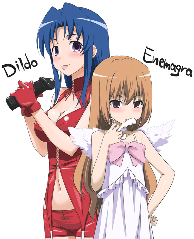 youkan, aisaka taiga, kawashima ami, toradora!, 00s, 2girls, aneros, angel, angel wings, bare shoulders, breasts, cleavage, cleavage cutout, clothing cutout, cowboy shot, dildo, dress, english text, flat chest, garter belt, gloves, hand on own hip, large breasts, licking, loli, looking at viewer, medium breasts, multiple girls, naughty face, navel cutout, prostate massager, red gloves, red shorts, sex toy, short shorts, shorts, standing, tongue, tongue out, white dress, wings