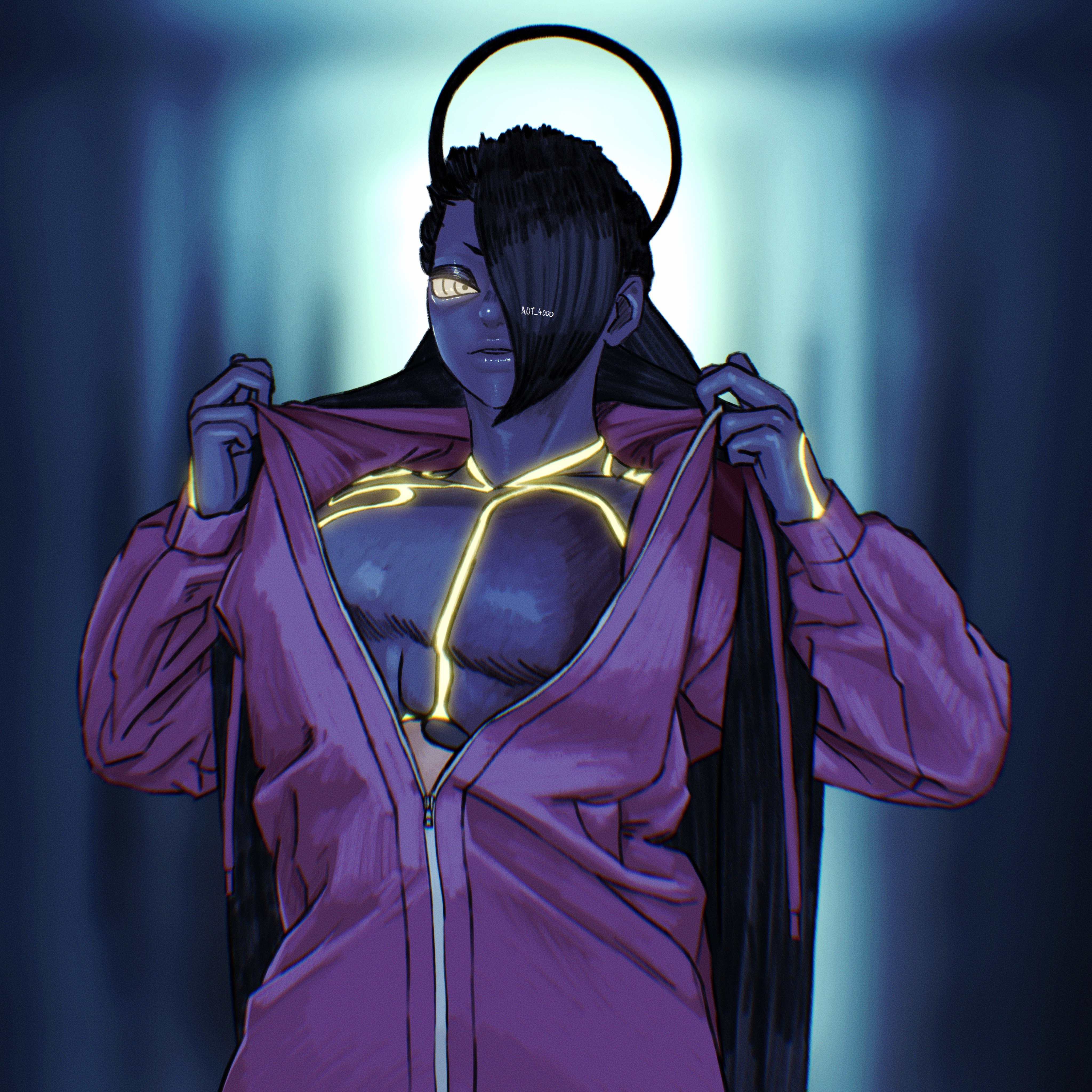 aot 4000, female seth (street fighter), street fighter, street fighter v, absurdres, commentary, highres, 1girl, artist name, black hair, colored skin, hair over one eye, hair rings, hood, hood down, hooded jacket, jacket, long hair, neon trim, single hair ring, solo
