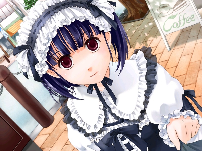 ginta, kaburagi haruna, pure x cure, game cg, 1girl, blue hair, cafe, dutch angle, female focus, frills, gothic lolita, hairband, lolita fashion, menu board, pavement, pinching, purple hair, short hair, short twintails, solo, twintails