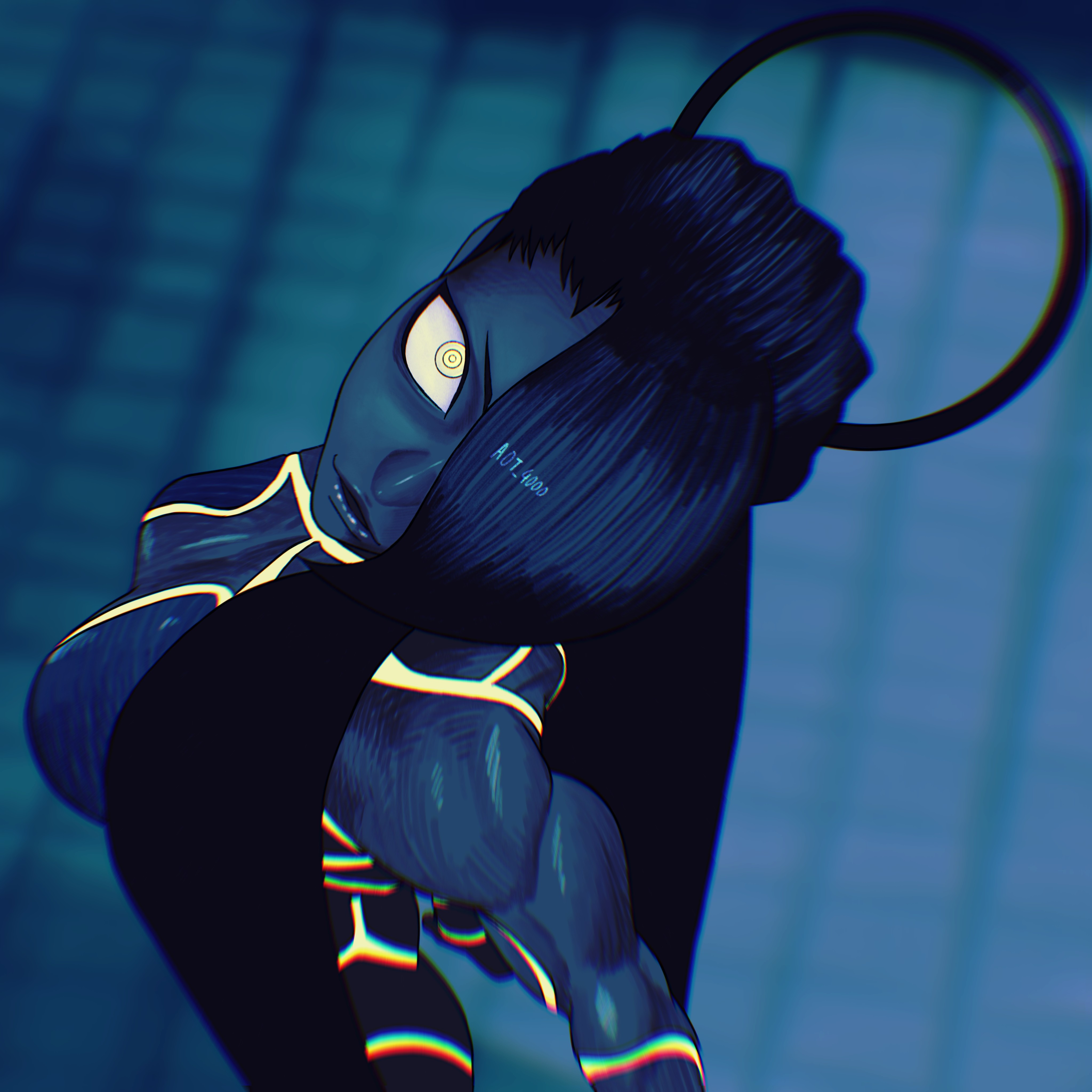 aot 4000, female seth (street fighter), street fighter, street fighter v, absurdres, commentary, highres, 1girl, artist name, black hair, breasts, chromatic aberration, from above, hair rings, long hair, muscular, muscular female, neon trim, single hair ring, solo, yellow eyes