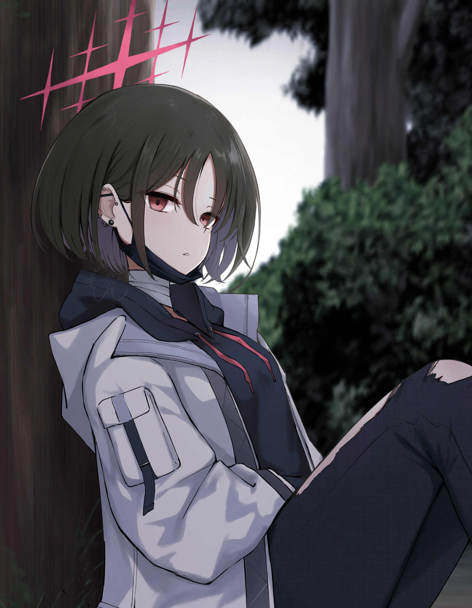 shiroiurushi, misaki (blue archive), blue archive, absurdres, commentary request, highres, 1girl, against tree, artist logo, bandaged neck, bandages, barbell piercing, black hoodie, black mask, black pants, brown hair, bush, ear piercing, from side, halo, hood, hooded jacket, hoodie, industrial piercing, jacket, logo, looking at viewer, looking to the side, mask, mask pull, mouth mask, nature, on ground, outdoors, pants, parted lips, piercing, red eyes, red halo, short hair, solo, surgical mask, torn clothes, torn pants, tree, white jacket