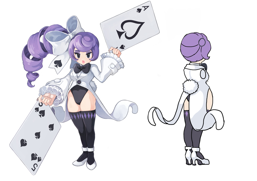asgard, nexon, artist request, official art, second-party source, 2girls, ace (playing card), ace of spades, anime coloring, argyle clothes, argyle thighhighs, asymmetrical bangs, black bow, black eyes, black leotard, black thighhighs, bow, breasts, buttons, card, coat, coattails, collared shirt, dress shirt, drill hair, drill ponytail, eyeshadow, facing viewer, five of spades, foxy (asgard), frilled sleeves, frills, from behind, hair bow, half updo, high heels, high ponytail, impasto, lapels, legs together, leotard, light blush, lips, lipstick, long sleeves, makeup, medium breasts, multiple girls, multiple views, no nose, nontraditional playboy bunny, oversized object, parted lips, pink lips, playing card, ponytail, print bow, production art, pumps, purple eyeshadow, purple hair, rabbit tail, shawl lapels, shirt, shoe soles, shoes, side ponytail, skindentation, sleeves past wrists, spade (shape), swept bangs, tail, tailcoat, tailcoat playboy bunny, thighhighs, undershirt, white bow, white coat, white shirt, white shoes, white sleeves, white tail, white tailcoat, wide sleeves