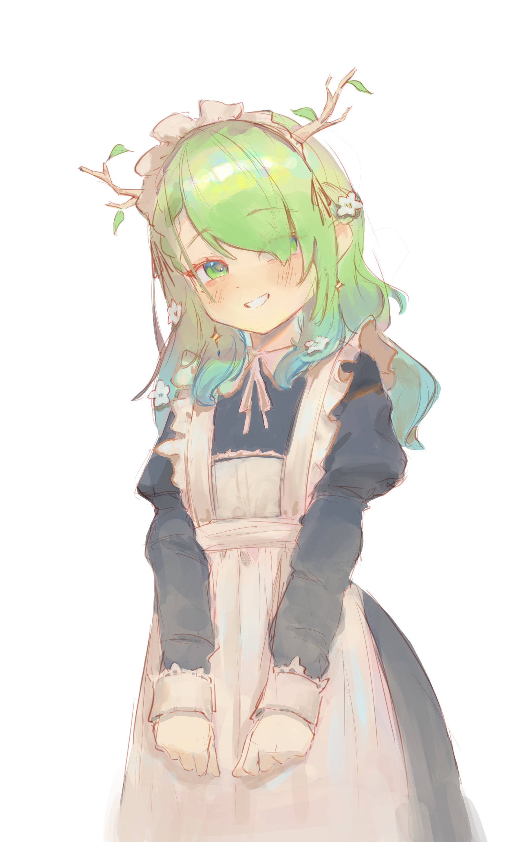 ceres fauna, hololive, hololive english, 1girl, antlers, apron, bobsta01, green eyes, green hair, horns, maid, maid apron, virtual youtuber