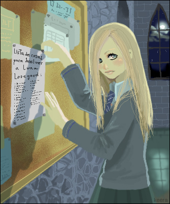 luna lovegood, harry potter (series), wizarding world, lowres, translated, blonde hair, blue eyes, blush, long hair, night, note, school uniform, spanish text, window