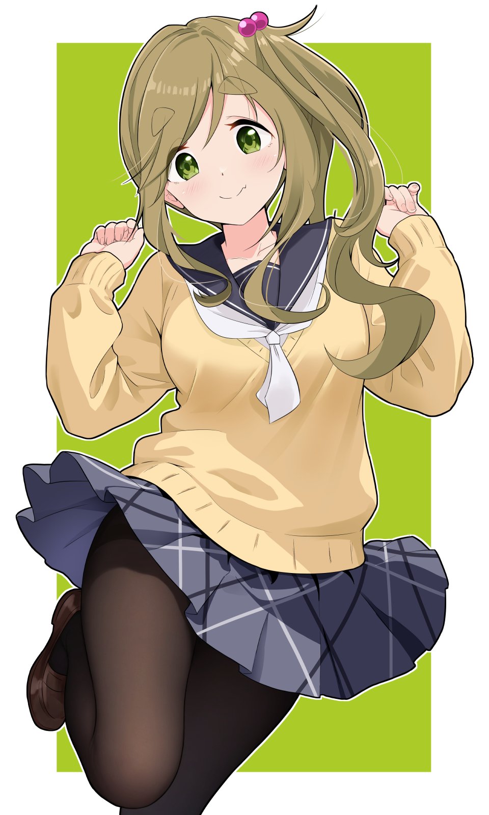 azumawari (azumofu), inuyama aoi, yurucamp, commentary request, highres, 1girl, black pantyhose, black sailor collar, blue skirt, blush, border, breasts, brown hair, closed mouth, fang, green background, green eyes, hair bobbles, hair ornament, hands up, large breasts, loafers, long hair, long sleeves, looking at viewer, motosu school uniform, neckerchief, outline, outside border, pantyhose, plaid clothes, plaid skirt, pleated skirt, sailor collar, school uniform, shoes, side ponytail, sidelocks, skin fang, skirt, smile, solo, sweater, thick eyebrows, white border, white neckerchief, white outline, yellow sweater