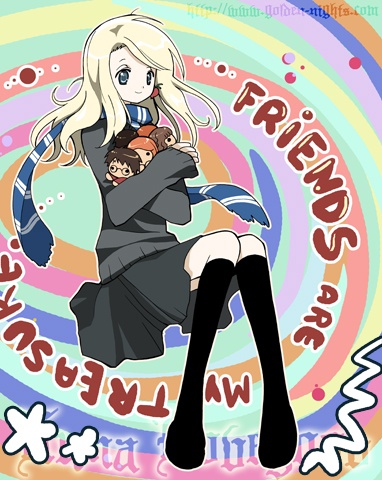 inma, harry potter, hermione granger, luna lovegood, ron weasley, harry potter (series), wizarding world, lowres, 1girl, blonde hair, blue eyes, character doll, chibi, doll, earrings, female focus, jewelry, long hair, scarf, school uniform, sitting, solo, thighhighs