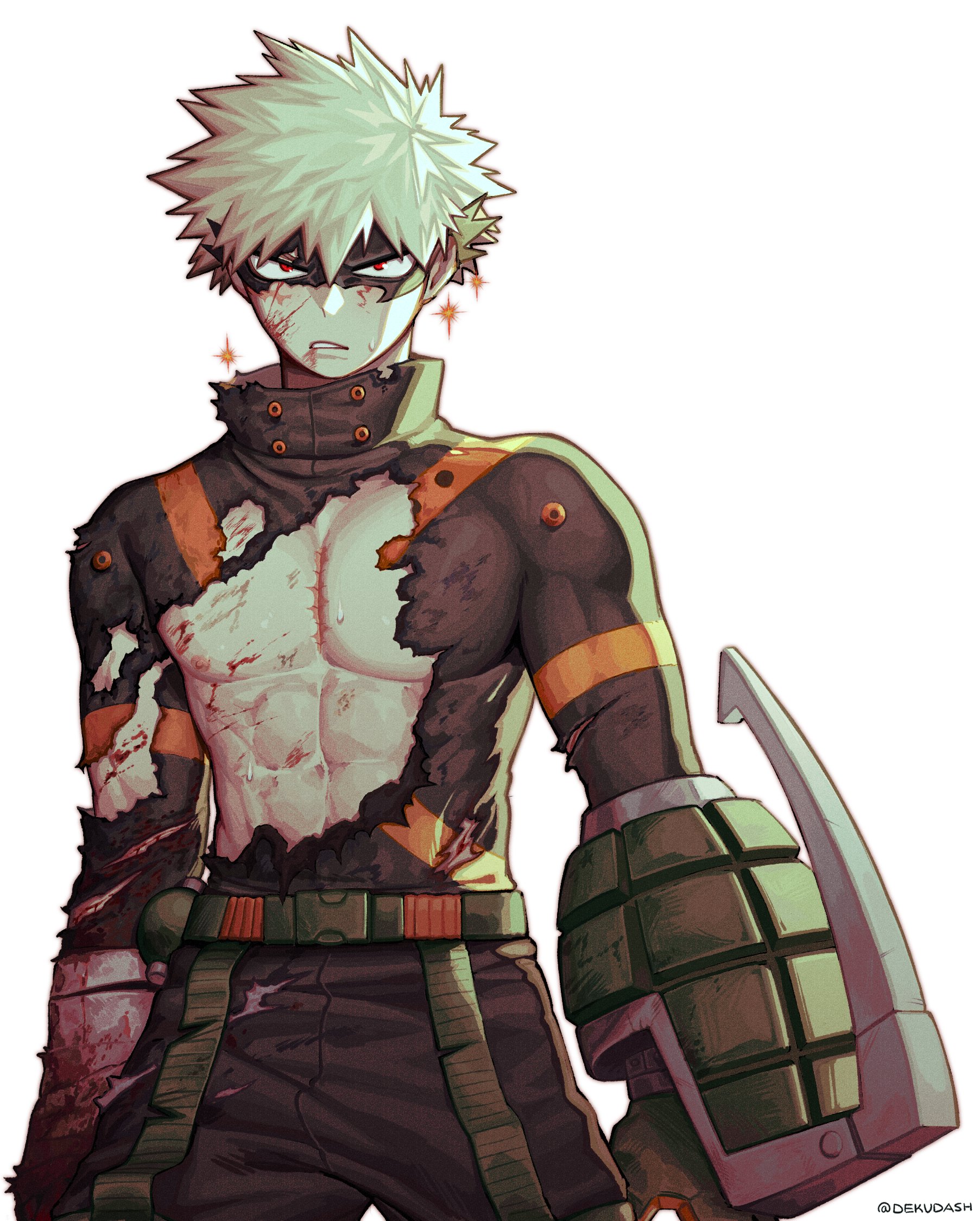 dekudash, bakugou katsuki, boku no hero academia, highres, protected link, 1boy, abs, blonde hair, blood, blood on arm, blood on chest, blood on clothes, blood on face, covered erect nipples, covered pectorals, cowboy shot, male focus, nipples, pectorals, scar, scar on chest, scar on face, short hair, simple background, solo, spiked hair, superhero costume, teeth, toned, toned male, torn clothes, white background