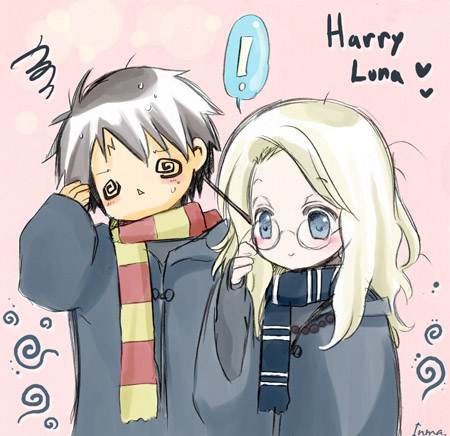 inma, harry potter, luna lovegood, harry potter (series), wizarding world, lowres, 1boy, 1girl, @ @, bespectacled, blonde hair, blue eyes, blush, borrowed clothes, brown hair, eyewear switch, glasses, long hair, object behind ear, scar, scar on face, scar on forehead, scarf, school uniform, short hair