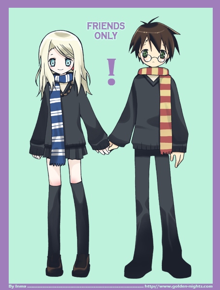 inma, harry potter, luna lovegood, harry potter (series), wizarding world, 1boy, 1girl, artist name, blonde hair, blue eyes, brown hair, english text, glasses, green eyes, hetero, holding hands, long hair, ranguage, scar, scar on face, scar on forehead, scarf, school uniform, short hair, thighhighs, watermark, web address