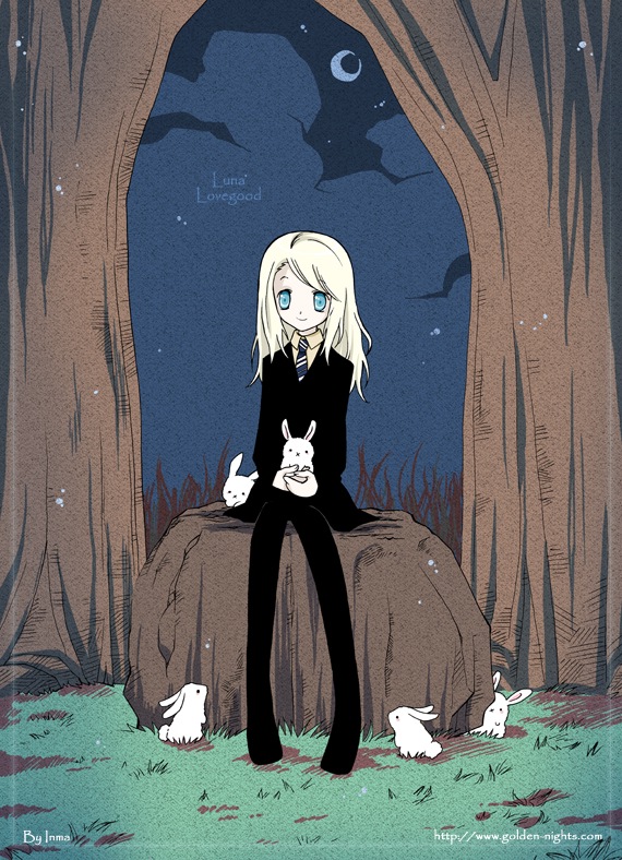 inma, luna lovegood, harry potter (series), wizarding world, stone, 1girl, artist name, blonde hair, blue eyes, character name, female focus, long hair, night, rabbit, school uniform, sitting, smile, solo, tree, watermark, web address