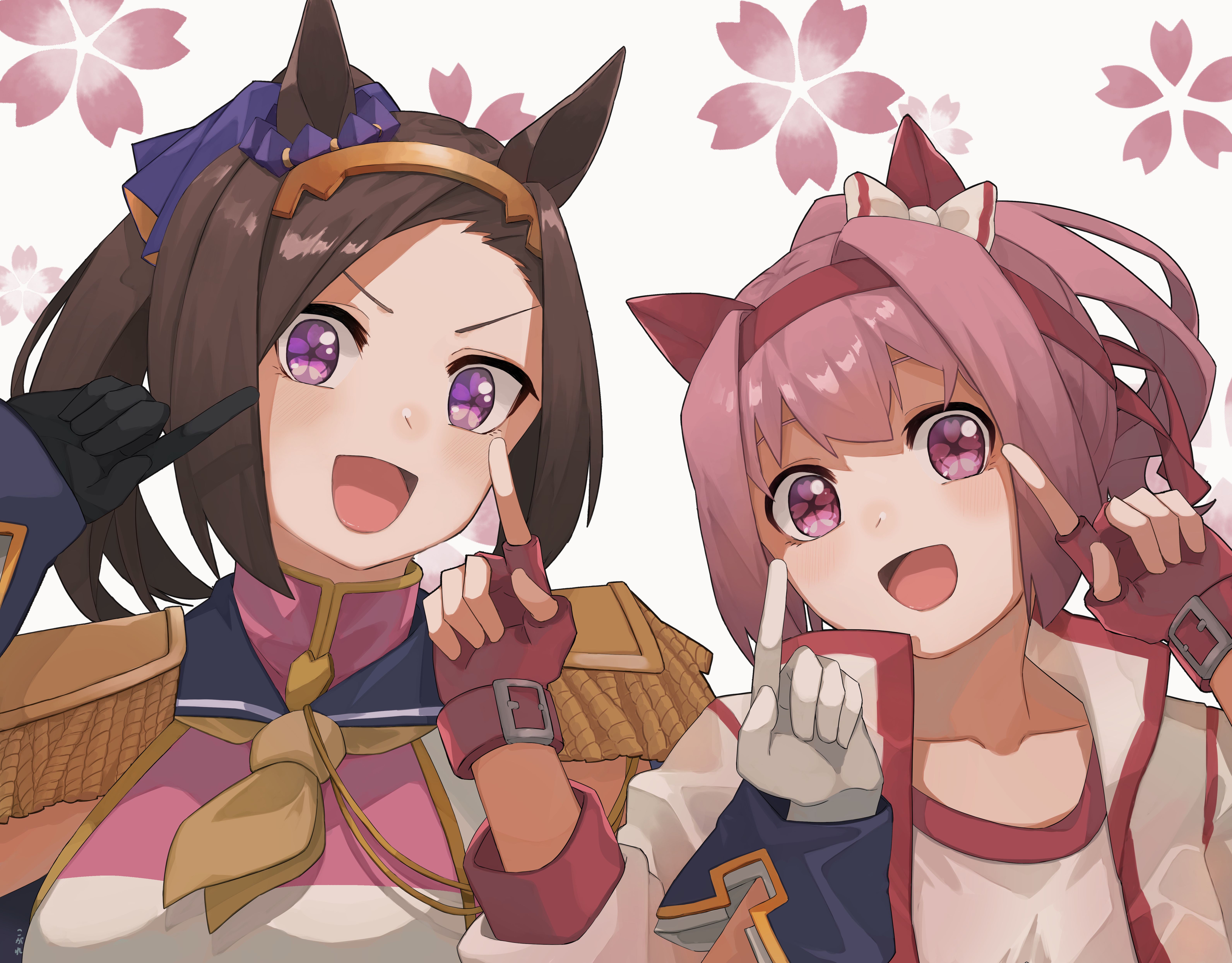 kogeta kaori, haru urara (bestest prize) (umamusume), haru urara (umamusume), sakura bakushin o (blossom in learning) (umamusume), sakura bakushin o (umamusume), umamusume, absurdres, commentary, highres, symbol-only commentary, 2girls, :d, animal ears, asymmetrical gloves, black gloves, bow, brown hair, brown neckerchief, collarbone, ear bow, epaulettes, fingerless gloves, floral background, flower-shaped pupils, forehead, gloves, grey background, gym shirt, hairband, horse ears, jacket, mismatched gloves, multiple girls, neckerchief, open clothes, open jacket, open mouth, pink hair, ponytail, purple eyes, red gloves, red hairband, shirt, simple background, smile, symbol-shaped pupils, upper body, v-shaped eyebrows, white bow, white gloves, white jacket, white shirt