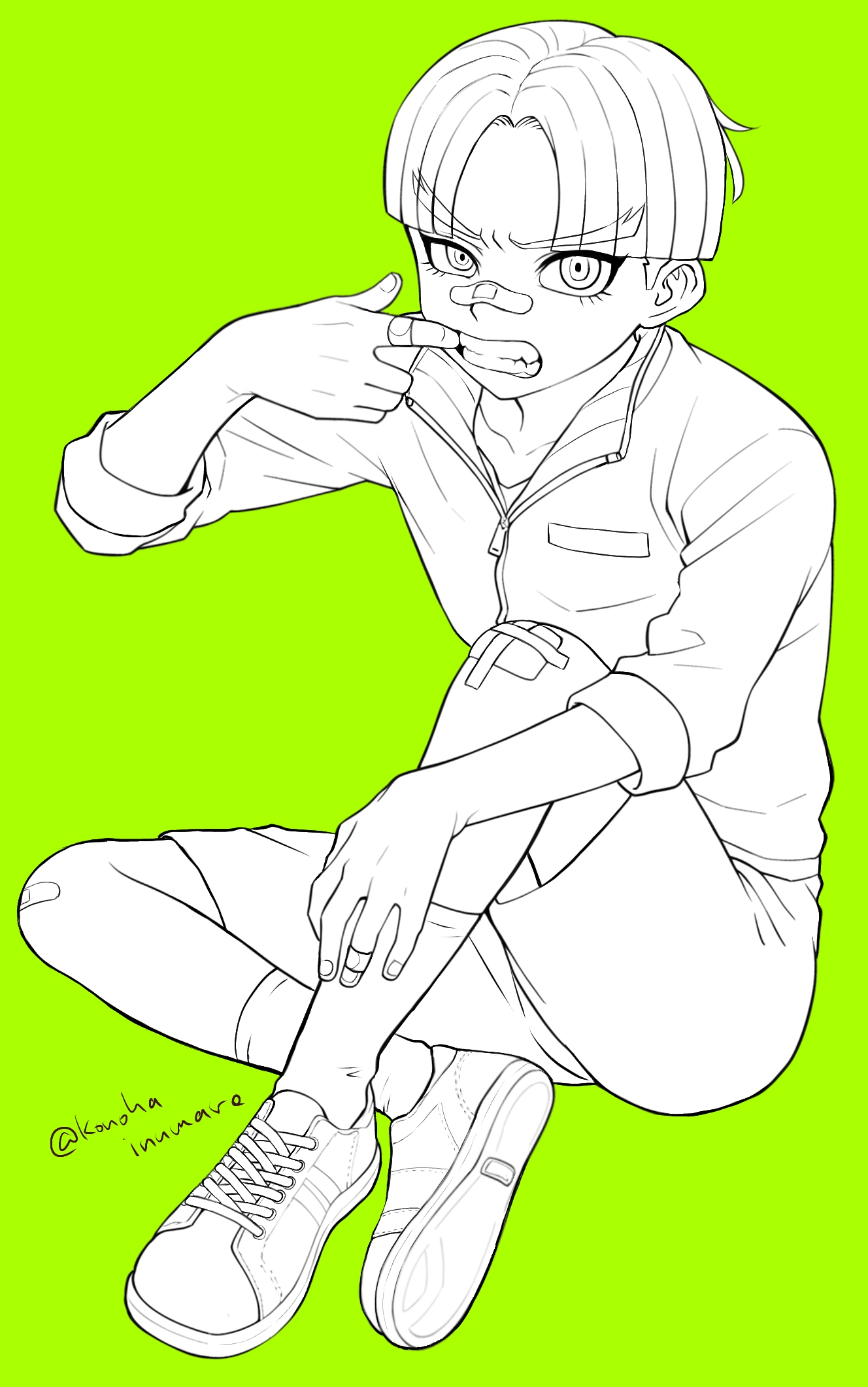 maruko gaku, the hundred line -last defense academy-, commentary, highres, unfinished, 1boy, bandage on knee, bandaid, bandaid on face, bandaid on finger, bandaid on hand, bandaid on knee, bandaid on leg, bandaid on nose, collarbone, green background, jacket, knee up, konohainumaro, lineart, looking at viewer, male focus, monochrome, mouth pull, partially unzipped, shoes, short hair, shorts, sitting, socks, solo, teeth, track jacket, twitter username, uneven eyes