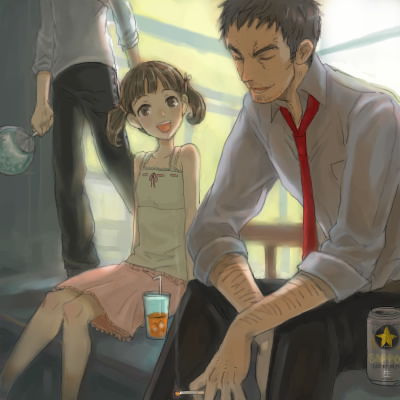 doujima nanako, doujima ryoutarou, narukami yu, atlus, persona, persona 4, lowres, 1girl, 2boys, :d, age difference, black hair, child, dress shirt, father and daughter, glasses, head out of frame, multiple boys, necktie, open mouth, red necktie, shirt, short hair, sitting, smile, standing, twintails, white shirt