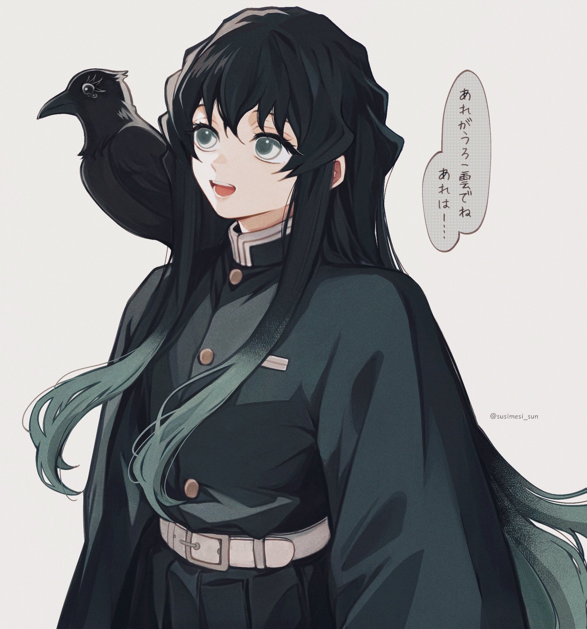tokitou muichirou, kimetsu no yaiba, highres, translation request, 1boy, animal, animal on shoulder, aqua hair, belt, bird, bird on shoulder, black hair, black jacket, crow, demon slayer uniform, ginko (kimetsu no yaiba), jacket, long hair, long sidelocks, male focus, open mouth, sidelocks, simple background, smile, solo, speech bubble, susimesi sun, teeth, tongue, twitter username, very long hair, white background, white belt