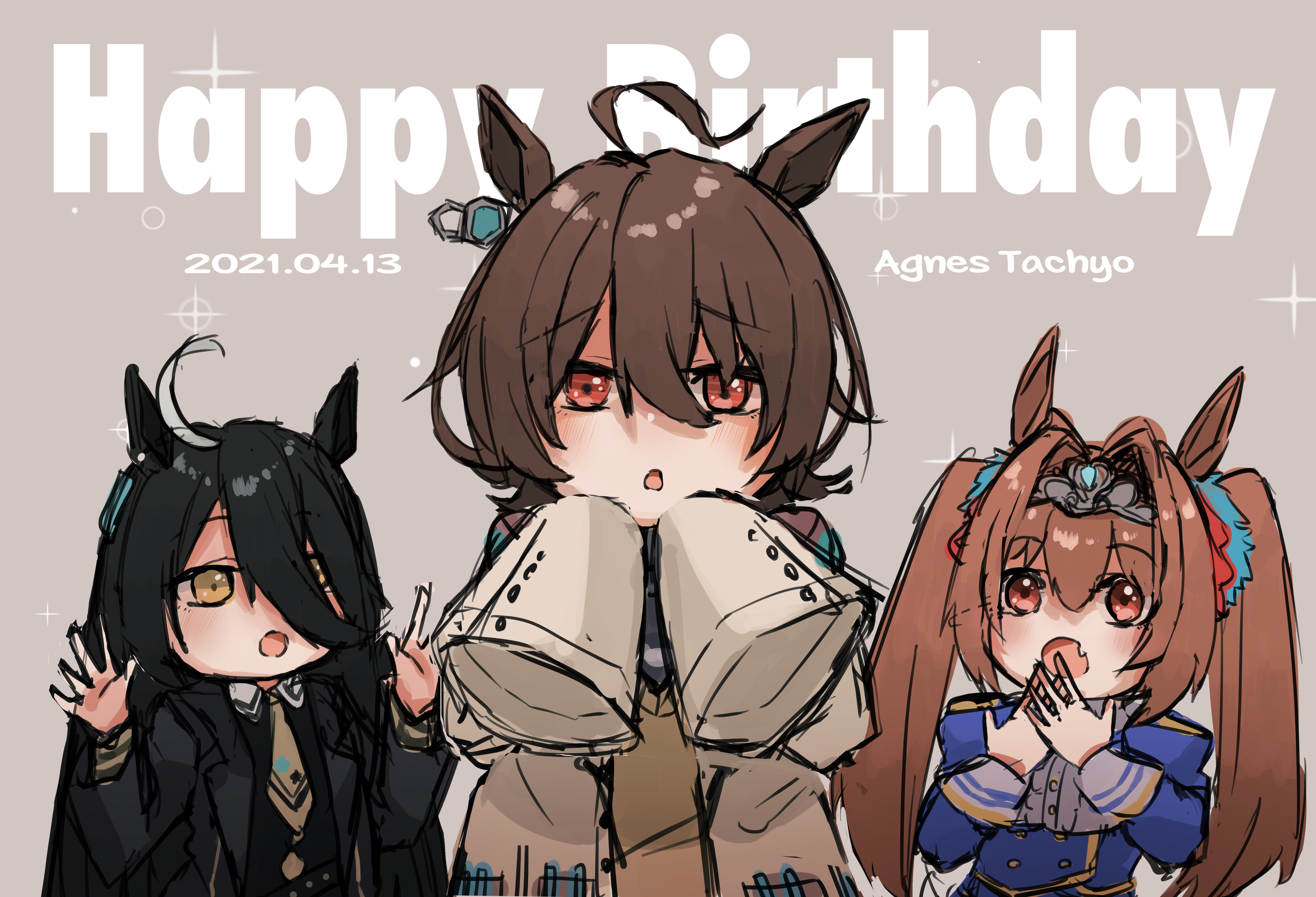 kogeta kaori, agnes tachyon (tach-nology) (umamusume), agnes tachyon (umamusume), daiwa scarlet (peak blue) (umamusume), daiwa scarlet (umamusume), manhattan cafe (creeping black) (umamusume), manhattan cafe (umamusume), umamusume, absurdres, highres, 3girls, :o, ahoge, animal ears, black hair, black jacket, black shirt, blue jacket, brown eyes, brown hair, brown necktie, character name, collared shirt, dated, fang, grey background, hair between eyes, hair intakes, hair over one eye, hand to own mouth, hands up, happy birthday, horse ears, jacket, juliet sleeves, lab coat, long hair, long sleeves, multicolored hair, multiple girls, necktie, open clothes, open jacket, puffy sleeves, red eyes, shirt, simple background, sleeves past fingers, sleeves past wrists, star (symbol), sweater vest, tiara, twintails, two-tone hair, umapyoi densetsu, very long hair, white hair, white shirt