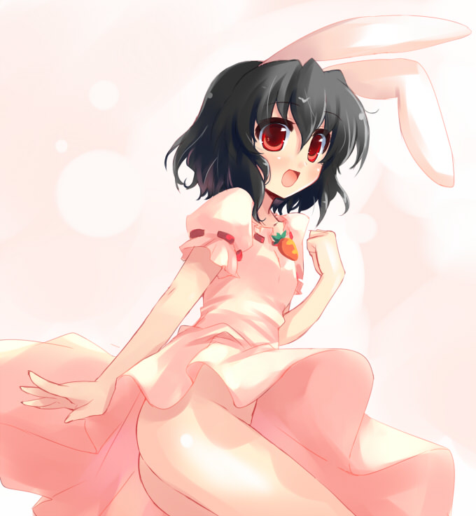 shin (new), inaba tewi, touhou, 1girl, animal ears, ass, black hair, carrot, female focus, from below, no panties, rabbit ears, red eyes, short hair, solo
