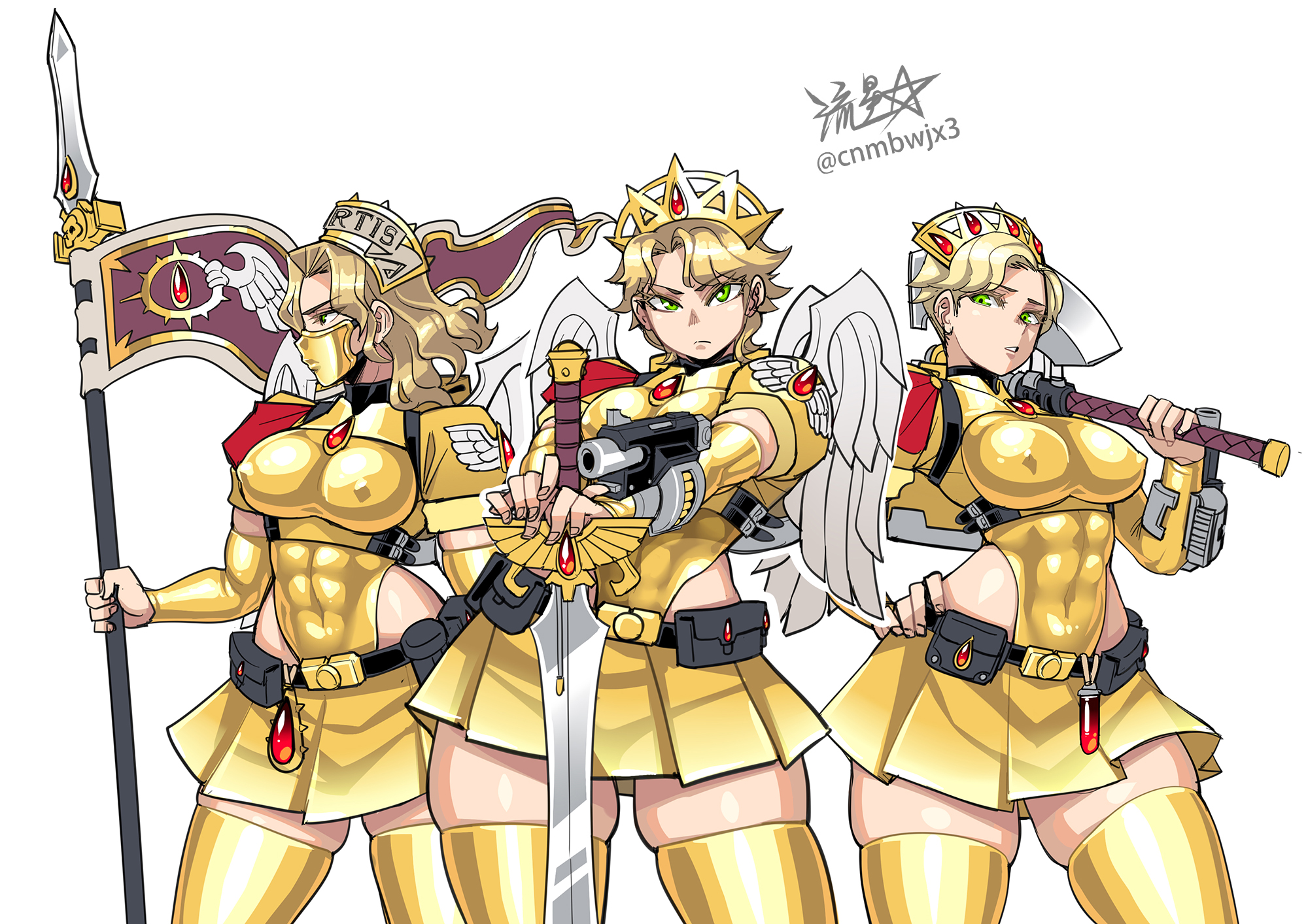 ryuusei (mark ii), adeptus astartes, blood angels, warhammer 40k, commentary, highres, 3girls, angel wings, axe, belt pouch, blonde hair, breasts, clothing cutout, contrapposto, covered abs, covered erect nipples, detached sleeves, flag, frown, genderswap, genderswap (mtf), green eyes, gun, hand on own hip, hip vent, holding, holding axe, holding flag, holding gun, holding polearm, holding sword, holding weapon, mask, medium breasts, medium hair, miniskirt, mouth mask, multiple girls, nipples, pleated skirt, polearm, pouch, serious, short hair, signature, skindentation, skirt, sword, thick thighs, thighs, tiara, twitter username, wavy hair, weapon, wings, yellow theme