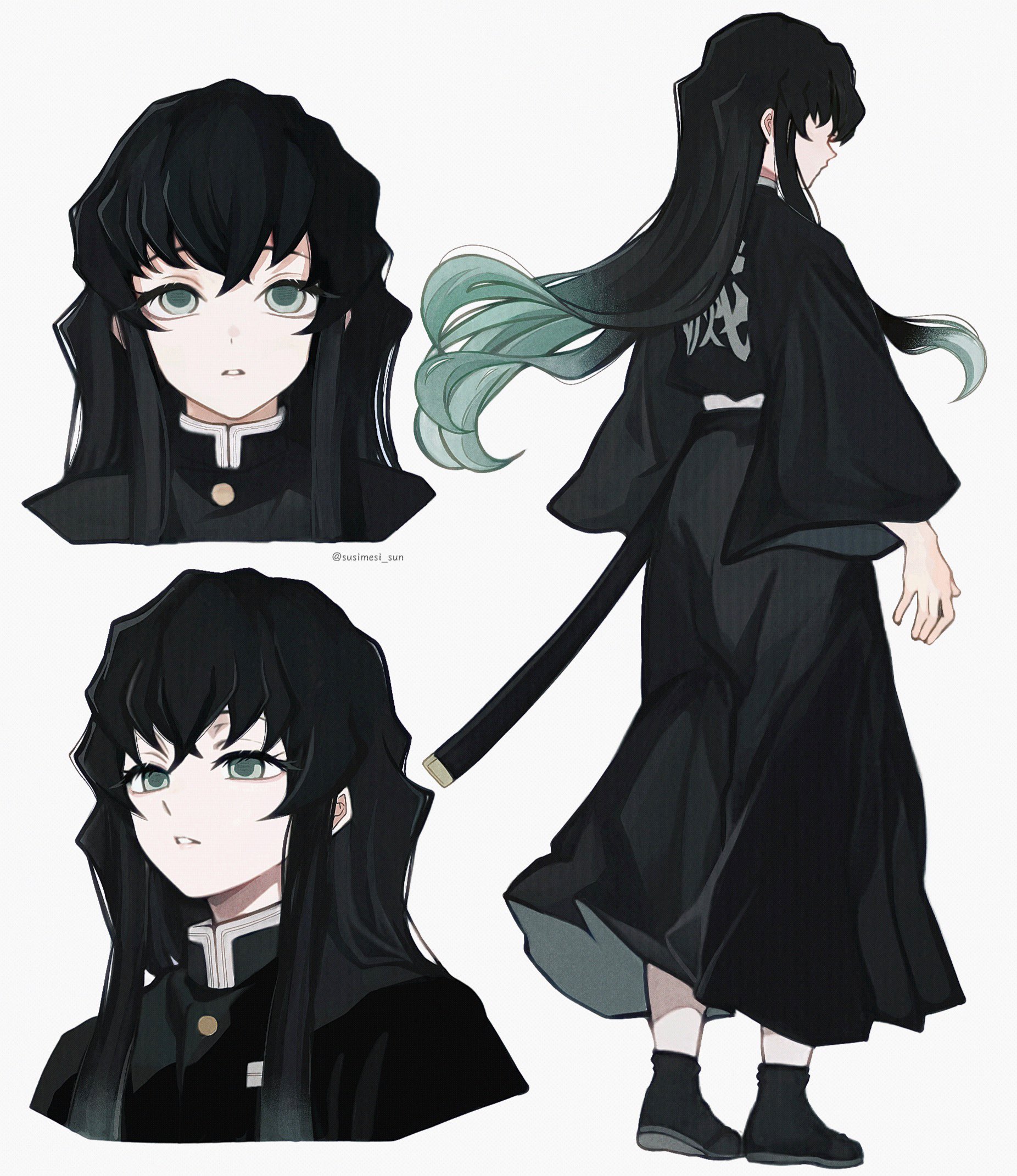tokitou muichirou, kimetsu no yaiba, highres, 1boy, aqua hair, black jacket, buttons, demon slayer uniform, empty eyes, from behind, gradient hair, half-closed eyes, high collar, jacket, long hair, long sidelocks, looking at viewer, male focus, multicolored hair, multiple views, parted lips, sidelocks, simple background, solo, standing, susimesi sun, teeth, twitter username, two-tone hair, upper body, white background