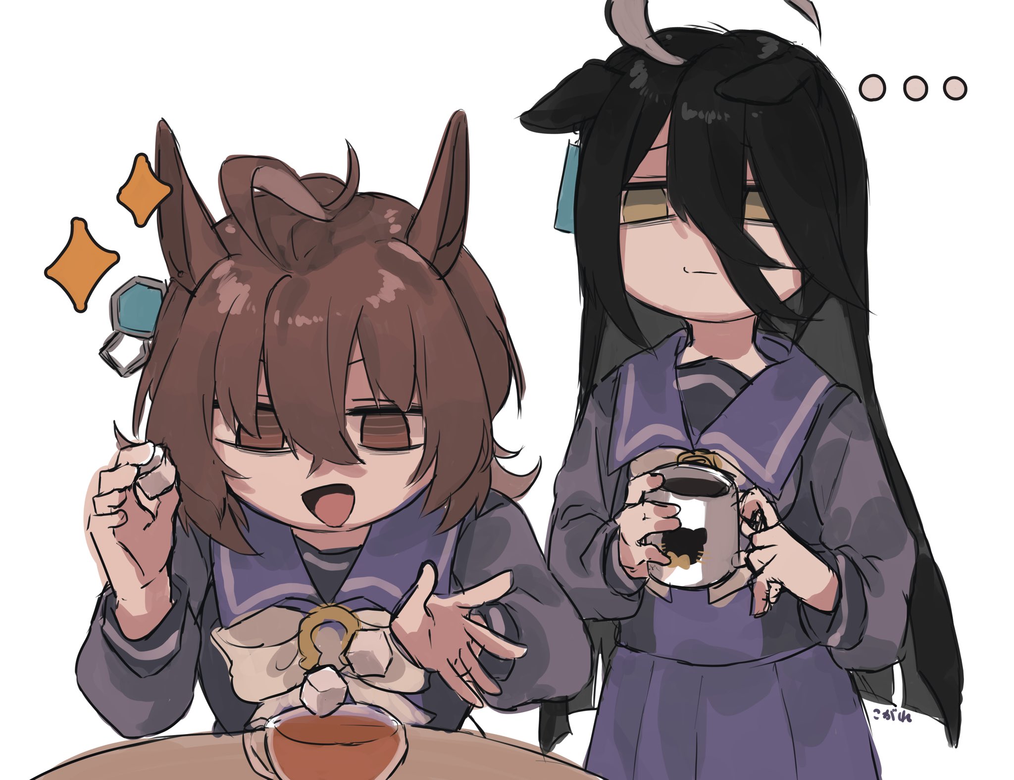 kogeta kaori, agnes tachyon (umamusume), manhattan cafe (umamusume), umamusume, highres, …, 2girls, :d, ahoge, animal ears, black hair, bow, brown eyes, brown hair, closed mouth, cup, food, grey hair, hair between eyes, holding, holding cup, holding food, horse ears, long hair, long sleeves, mug, multicolored hair, multiple girls, open mouth, pleated skirt, puffy long sleeves, puffy sleeves, purple shirt, purple skirt, school uniform, shirt, simple background, skirt, smile, sparkle, sugar cube, tea, teacup, tracen school uniform, two-tone hair, very long hair, white background, white bow